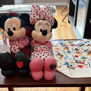 Disney Mickey and Minnie Mouse Heart Plush Set - Pink, Black, Red